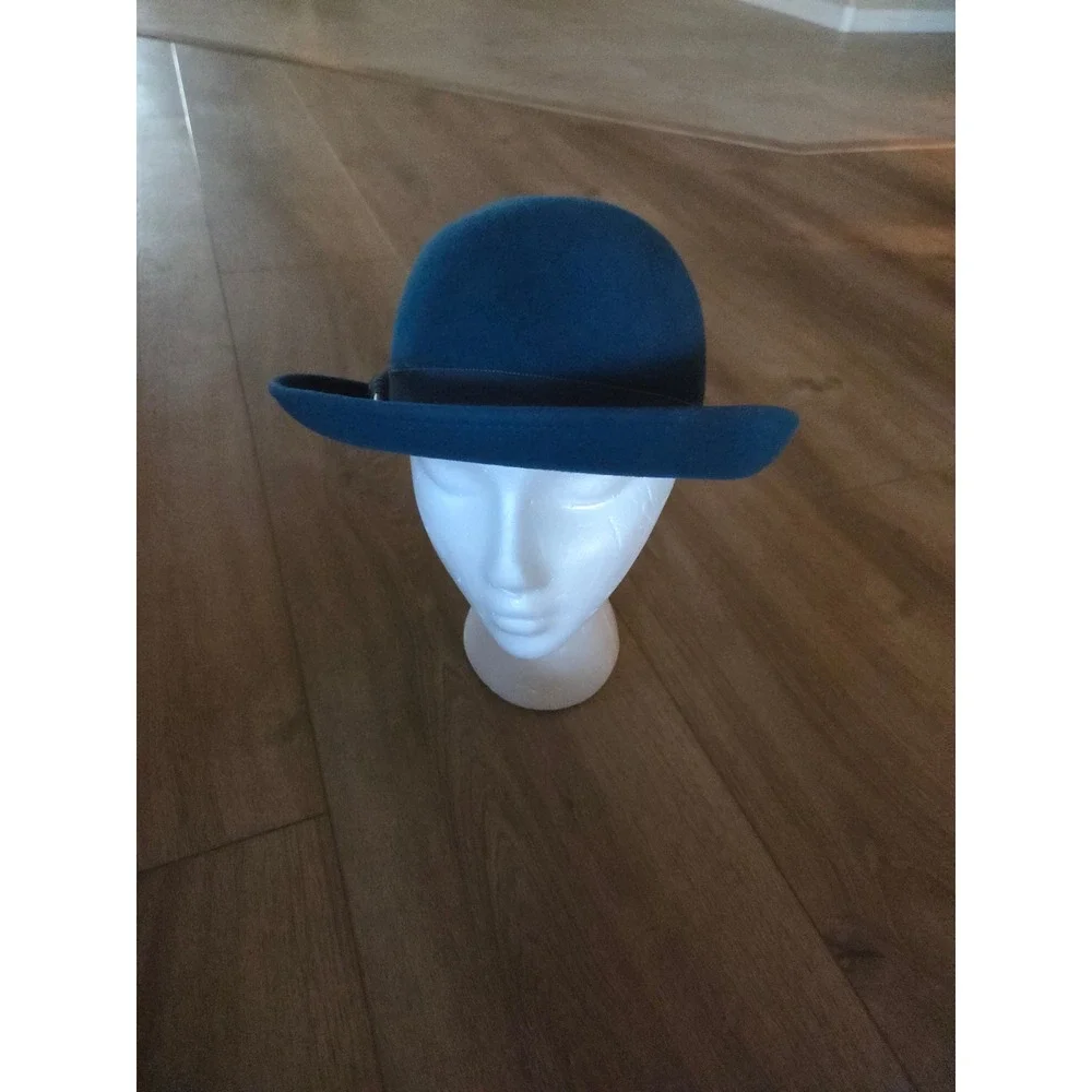 Vintage Miss Bierner Teal Blue Wool Felt Bowler Hat Feather Accent 1950s Style